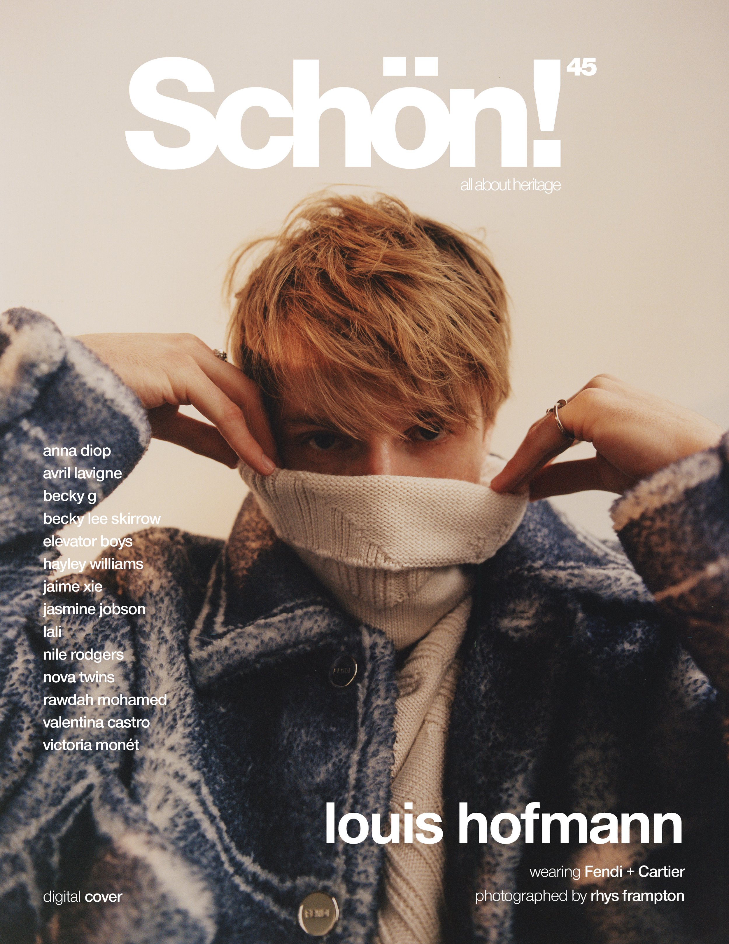 Schön! Magazine cover featuring Louis Hofmann in a blue jacket and cream sweater, posing with a partially covered face.