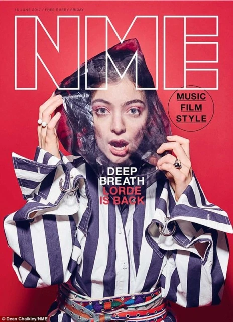 Magazine cover featuring Lorde, with the title 'NME' in large white letters against a red background, focusing on music, film, and style.