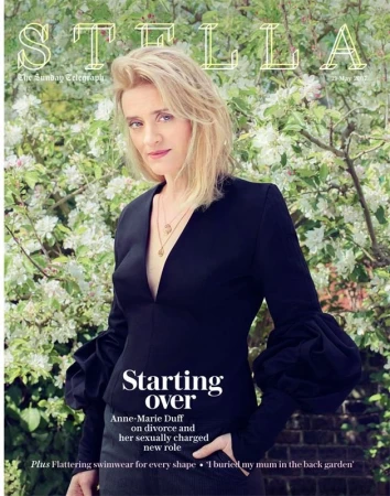 Magazine cover featuring Anne-Marie Duff in black blouse, outdoor setting with white flowers. "Stella" logo at top; fashion editorial.