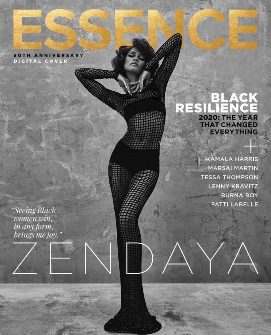 Essence magazine cover featuring Zendaya in black mesh bodysuit, 50th Anniversary Digital Cover, against a grey textured backdrop.