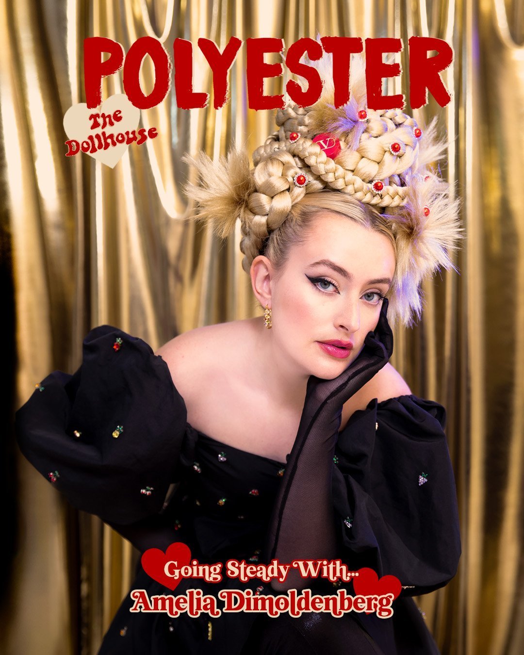 Magazine cover featuring Amelia Dimoldenberg with braided blonde hair, jewelry, and a black dress, set against a golden background.