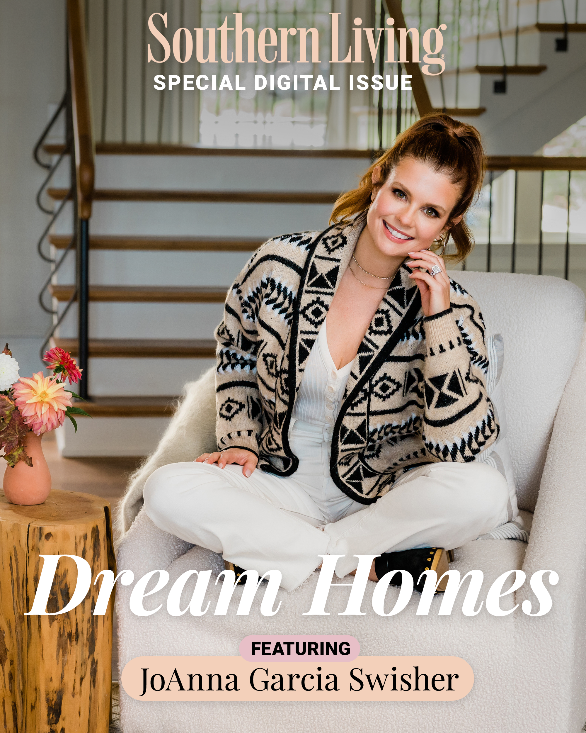 Magazine cover featuring a woman with medium-length red hair in a patterned sweater, seated in a neutral interior setting with a staircase.