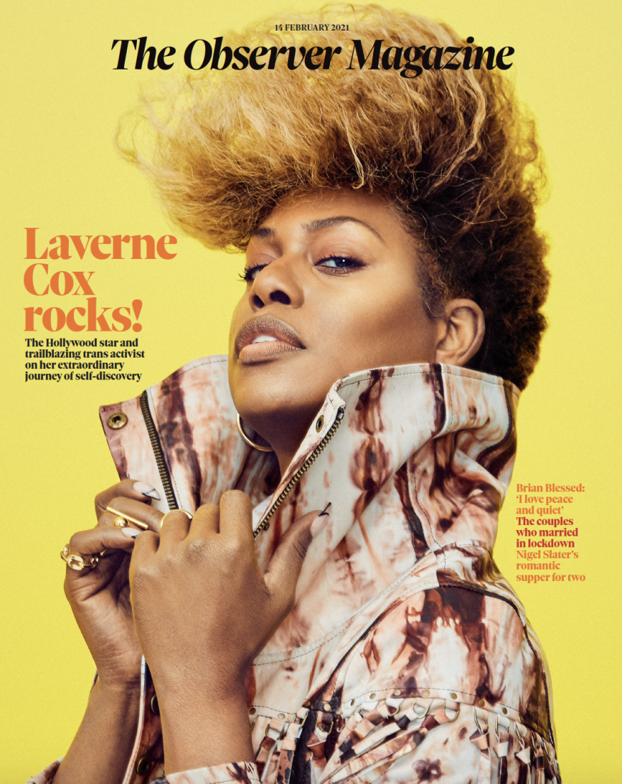 Laverne Cox, Hollywood star, cover of The Observer Magazine, close-up portrait with textured copper jacket against a yellow backdrop.