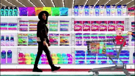 Person walking past supermarket shelves stocked with colorful products, pushing a shopping cart in an illustrated or animated grocery aisle.