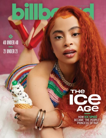 Billboard magazine cover featuring Ice Spice lying on her side wearing a colorful crochet top and holding an ice cream cone.