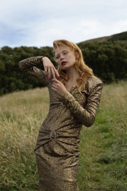 A woman in a gold, long-sleeved sequin dress poses in a grassy field in front of a hill under a cloudy sky, creating a fashion editorial.