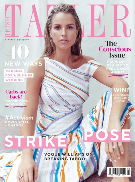 Magazine cover featuring Vogue Williams wearing a striped outfit, seated against a soft pink backdrop with magazine text and headlines.