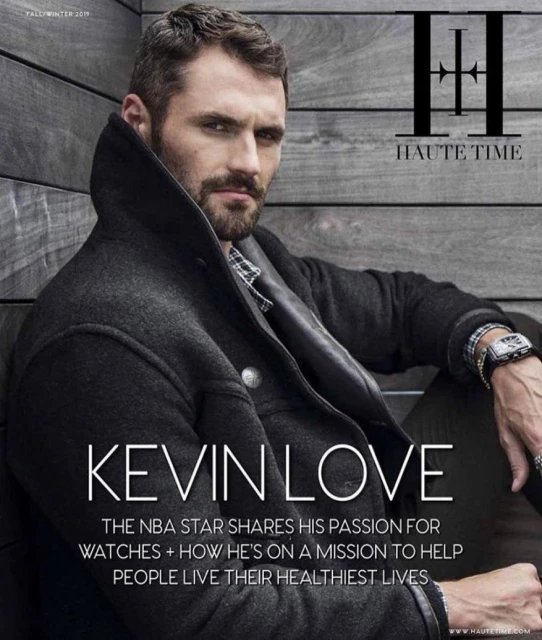 A portrait of an adult man in a dark coat on a magazine cover, featuring typography and the logo of 'Haute Time'.