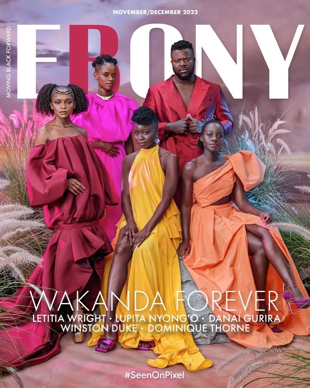 Ebony Magazine cover, November/December 2022, features five African American actors from Wakanda Forever. Actors wear colorful gowns and suits.