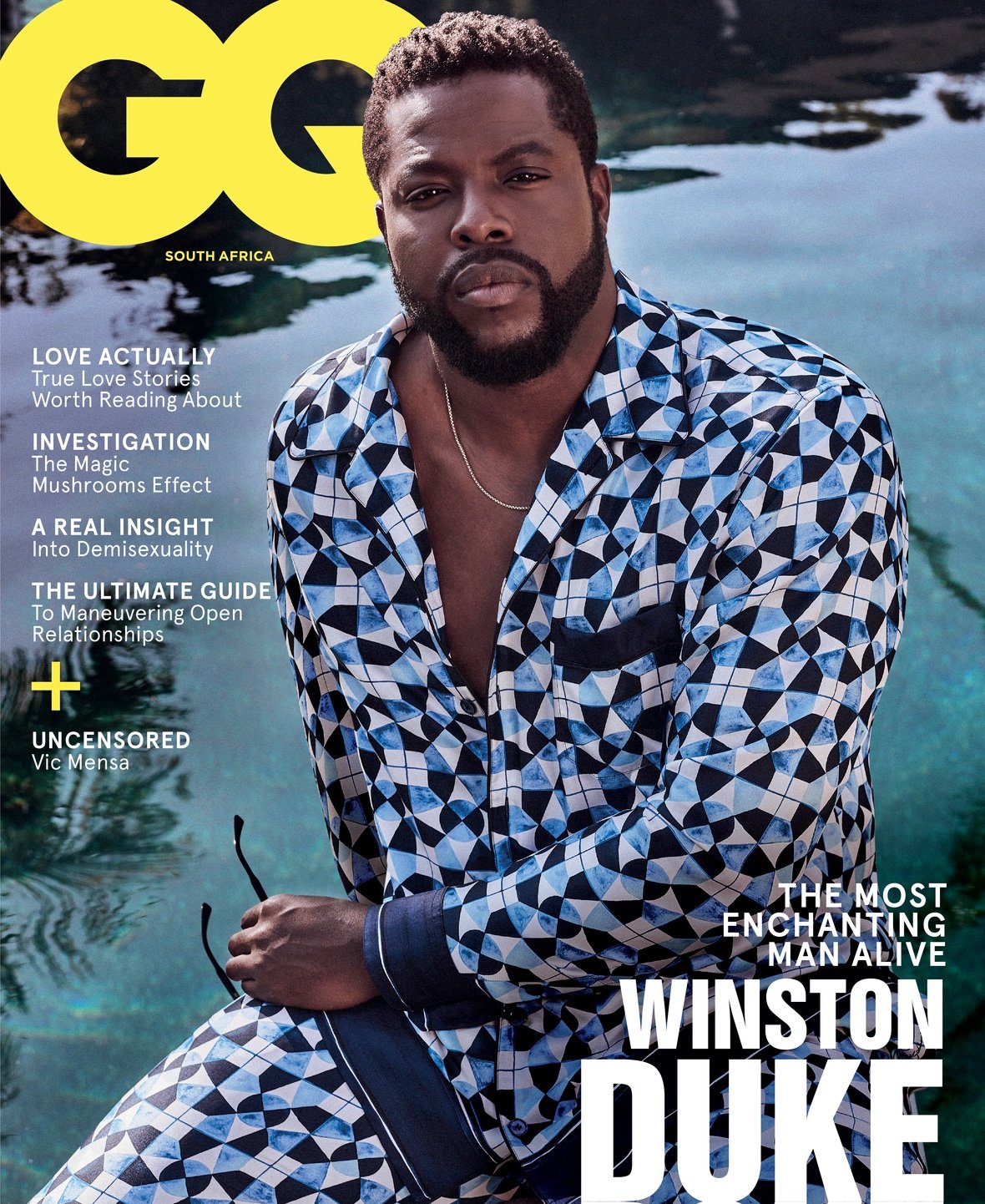 Magazine cover featuring Winston Duke in patterned shirt against a nature backdrop, showcasing GQ South Africa issue.