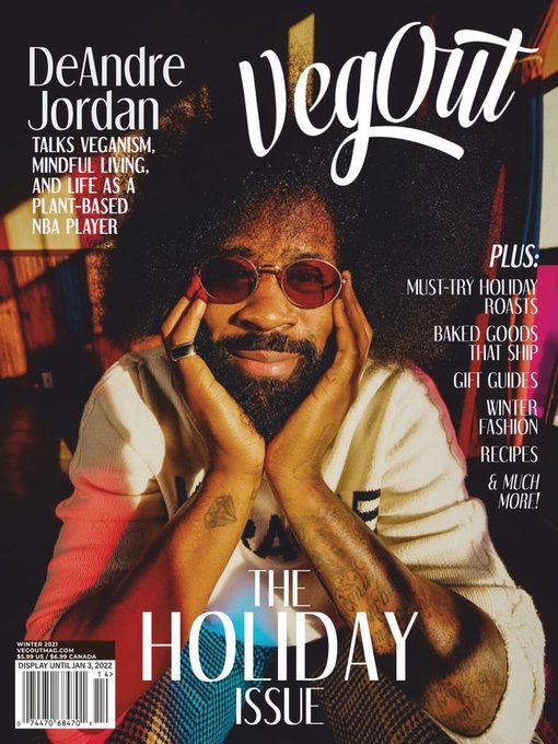 VegOut magazine cover featuring DeAndre Jordan, discussing veganism, mindful living, and a plant-based NBA player lifestyle.