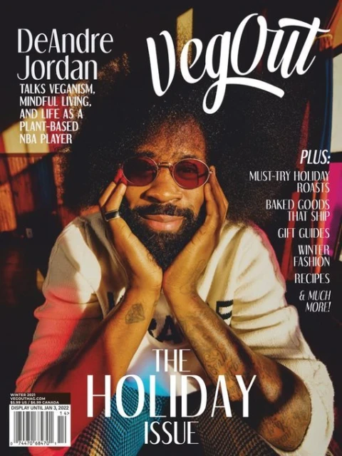 VegOut magazine cover featuring DeAndre Jordan, discussing veganism, mindful living, and a plant-based NBA player lifestyle.