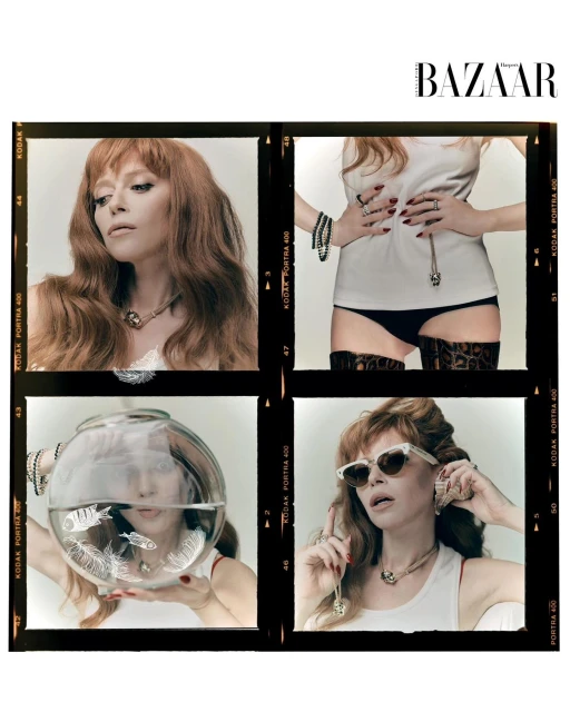 A collage of a redhead woman wearing jewelry and a white tank top in various poses, framed by a black border with Kodak Portra markings.