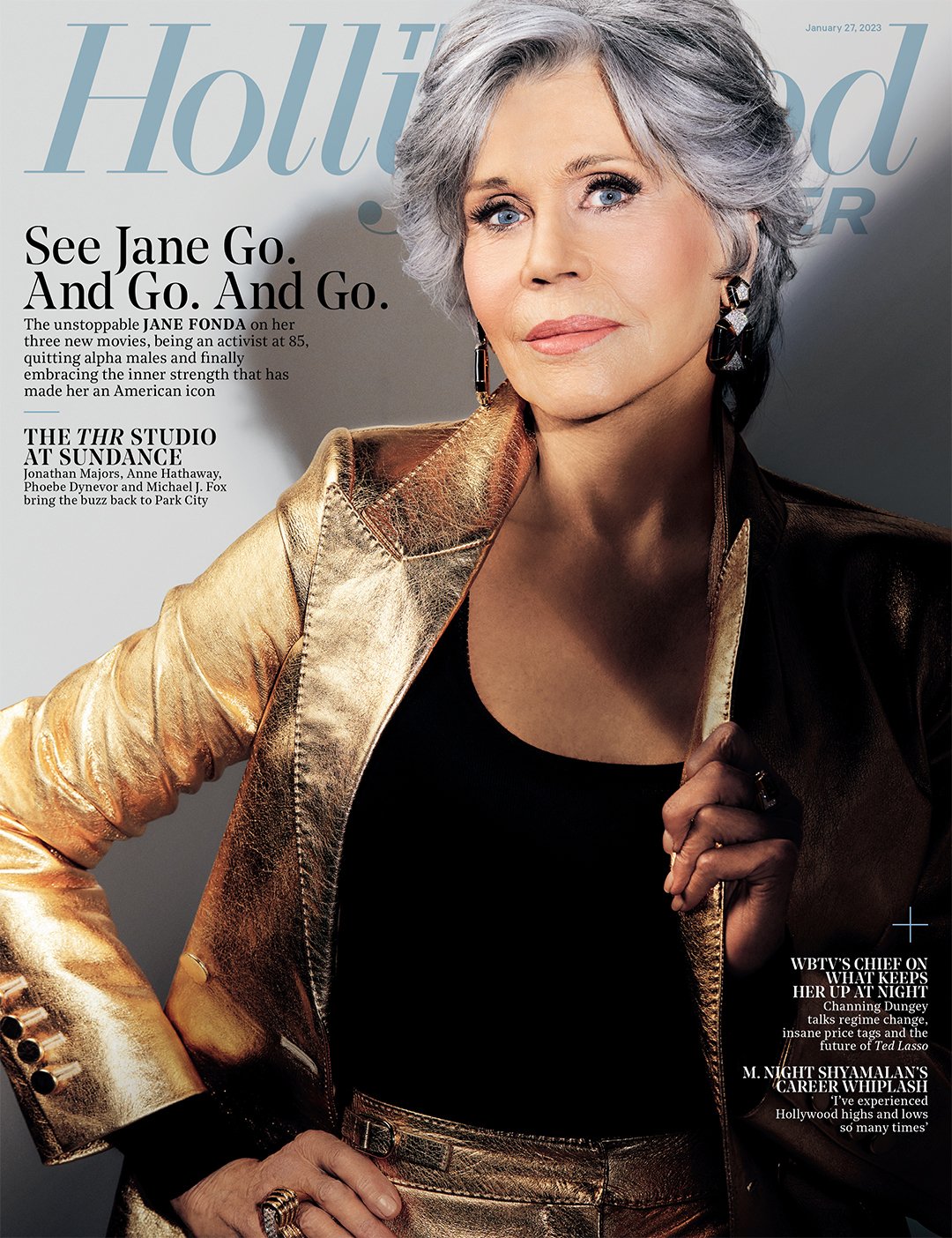 Magazine cover featuring Jane Fonda in a gold suit, smiling slightly with gray hair, against a background of the publication's name.