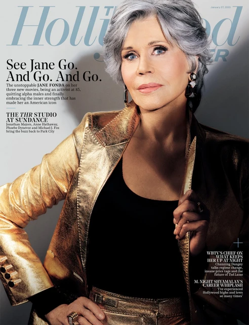 Magazine cover featuring Jane Fonda in a gold suit, smiling slightly with gray hair, against a background of the publication's name.