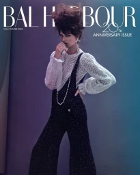 Model with voluminous dark hair wearing a patterned white blouse and black overalls styled by Cristina Ehrlich