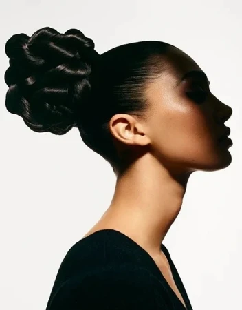 Profile shot of a dark-haired woman with a high bun hairstyle, wearing a black top, set against a bright white studio backdrop.