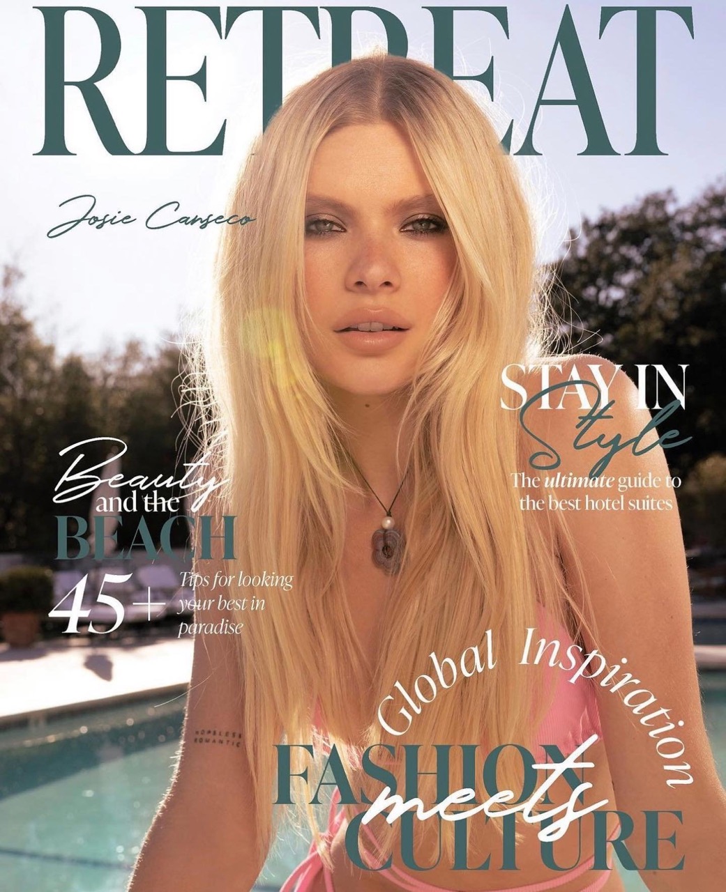 Magazine cover featuring a fair-skinned young adult female with blonde hair wearing a pink bikini top, pool and trees visible in background.