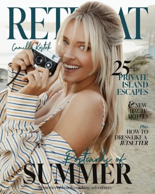Magazine cover featuring smiling blonde woman holding vintage camera on beach, with 'Retreat' title and travel-themed text overlays.