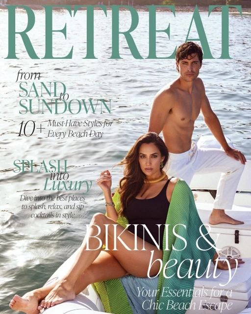 Magazine cover features a woman in a black bathing suit and a green shawl with a man in white pants on a boat, promoting bikinis and beauty.