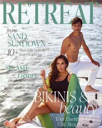 Magazine cover features a woman in a black bathing suit and a green shawl with a man in white pants on a boat, promoting bikinis and beauty.