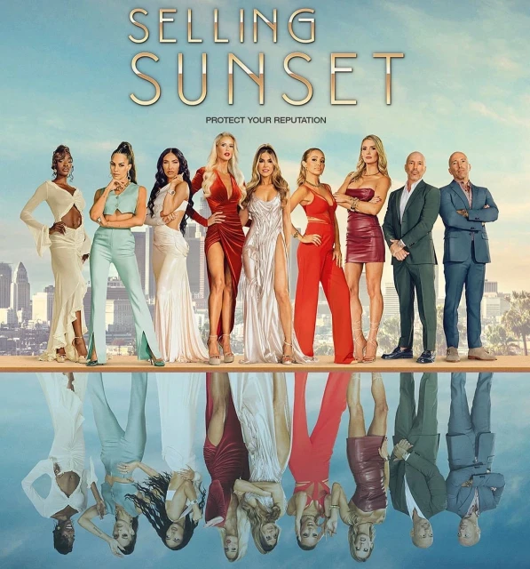 Promotional image for Selling Sunset features cast members standing side-by-side in formal wear, with reflections in water and a city skyline.