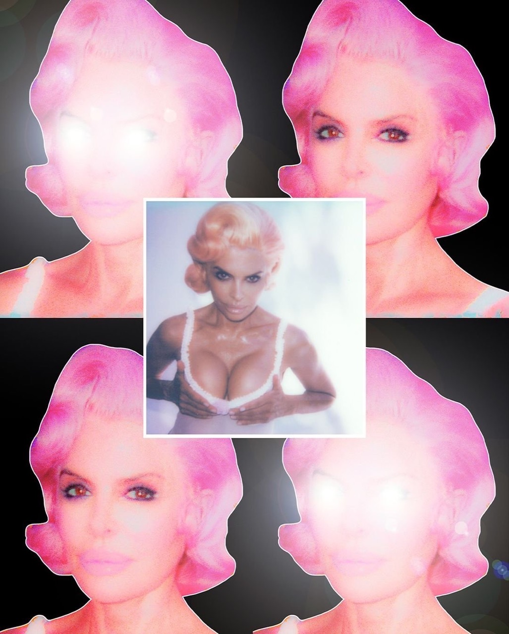 Surreal collage featuring a woman with pink hair juxtaposed with a vintage-style photo of a woman in lingerie, creating a distorted effect.