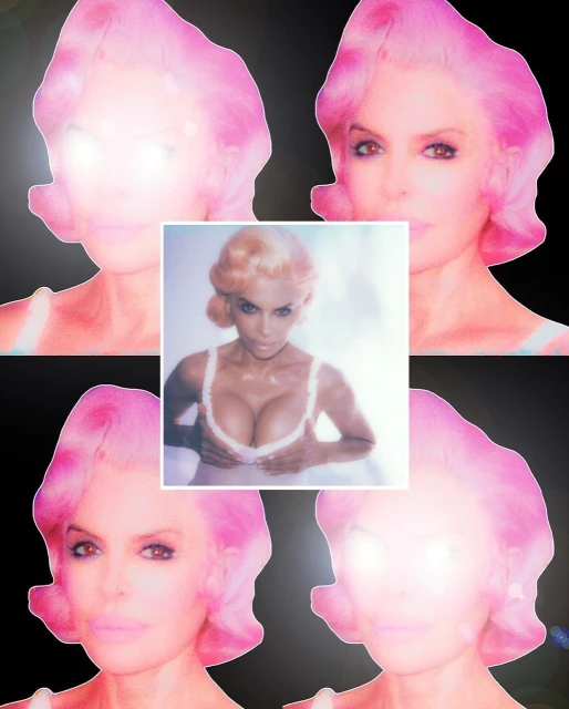 Surreal collage featuring a woman with pink hair juxtaposed with a vintage-style photo of a woman in lingerie, creating a distorted effect.