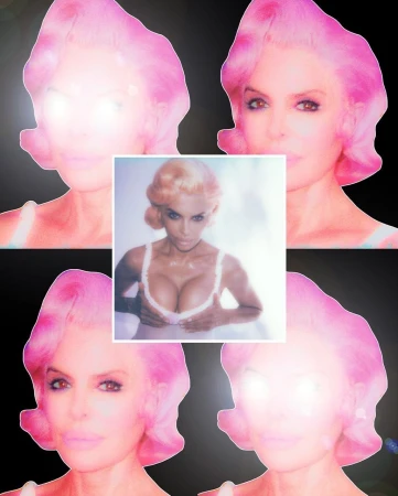Surreal collage featuring a woman with pink hair juxtaposed with a vintage-style photo of a woman in lingerie, creating a distorted effect.