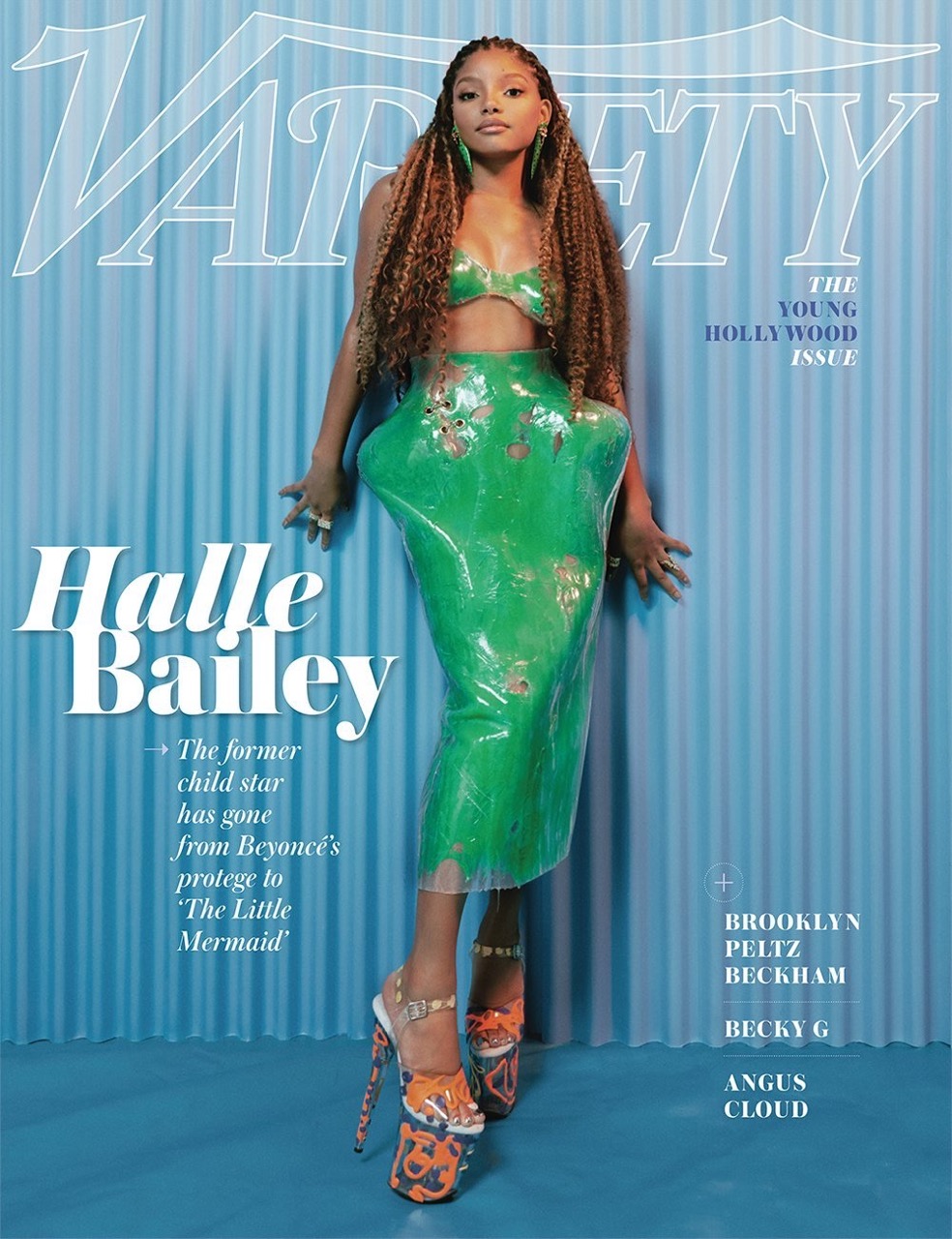 Variety magazine cover featuring Halle Bailey wearing a green two-piece outfit and high heels posing against a blue backdrop.