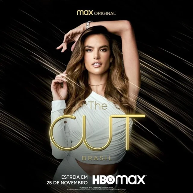 Portrait of model Alessandra Ambrosio promoting 'The Cut Brasil' for HBO Max, wearing a white outfit against a black and gold background.