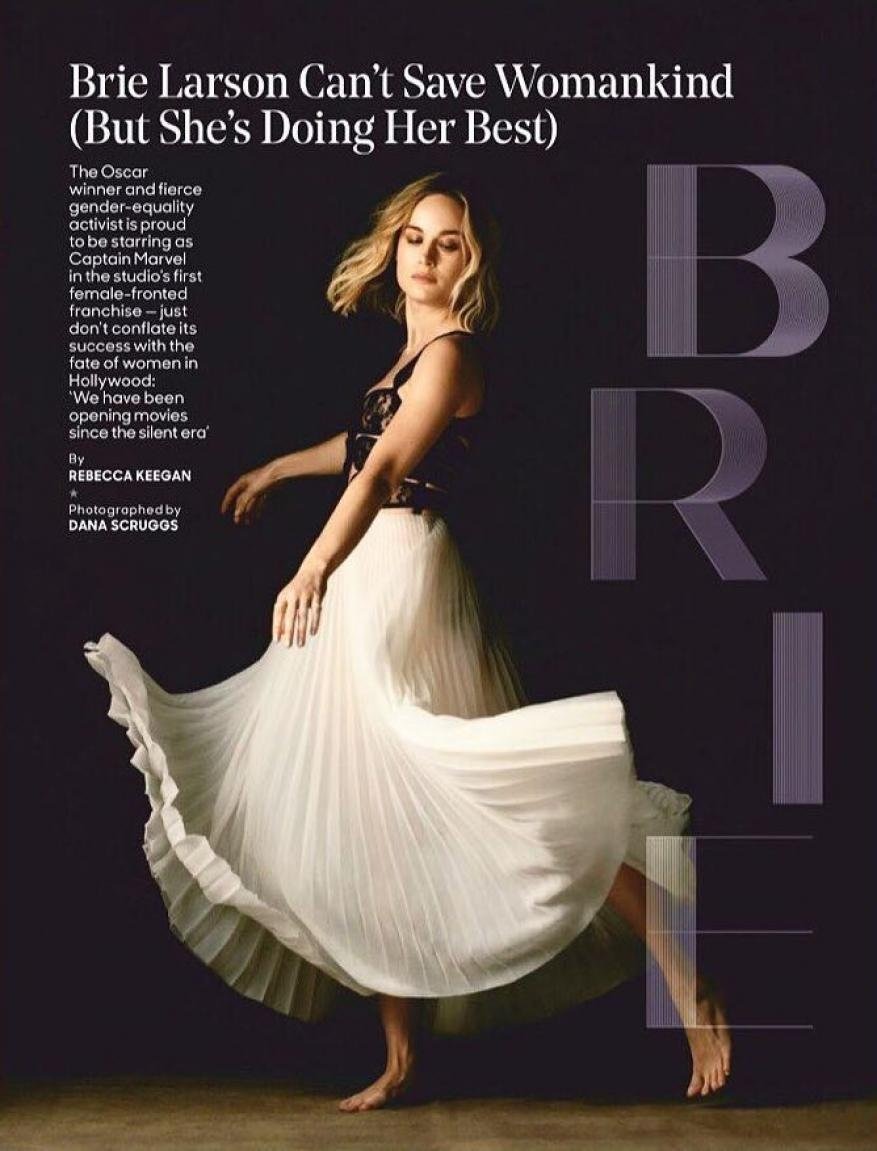 Brie Larson in a fashionable pose. Woman in a flowing white skirt and dark top with text overlay and magazine-style layout. Fashion editorial.