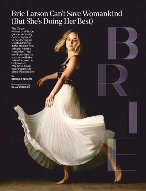Brie Larson in a fashionable pose. Woman in a flowing white skirt and dark top with text overlay and magazine-style layout. Fashion editorial.