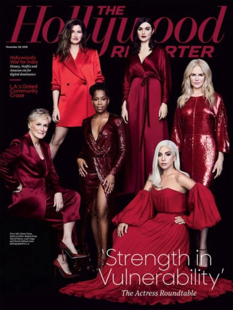 Magazine cover featuring six actresses in red dresses. The Hollywood Reporter with the cover line 'Strength in Vulnerability'.