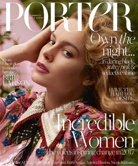 Porter magazine cover featuring Brie Larson wearing pink floral embroidered top against a blurred green outdoor background.