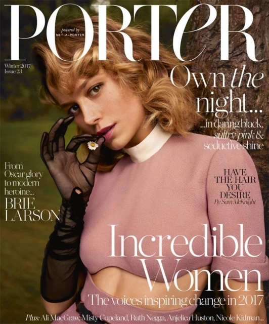 Brie Larson on Porter Magazine Cover, Winter 2017, Issue 23. Close-up shot of celebrity with flower and sheer gloves against dark background.
