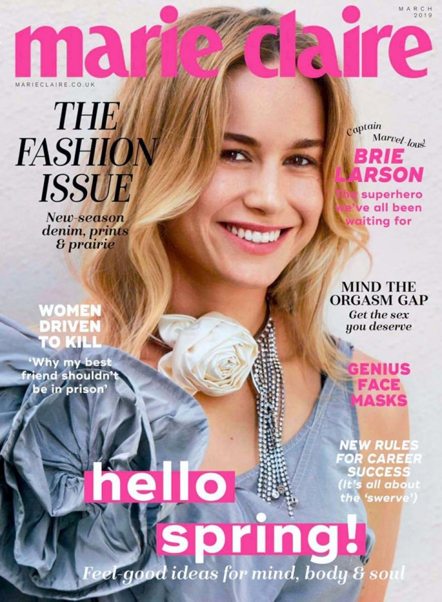 Marie Claire magazine cover featuring Brie Larson, March 2019, showcasing a light grey dress, flower embellishment, and bold pink text.