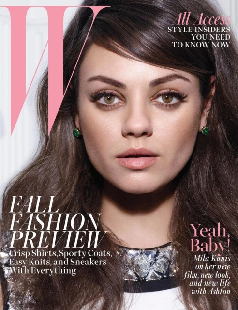Magazine cover featuring Mila Kunis, with 'W' logo, 'Fall Fashion Preview' text, and promotional text for film, new look, and new life.