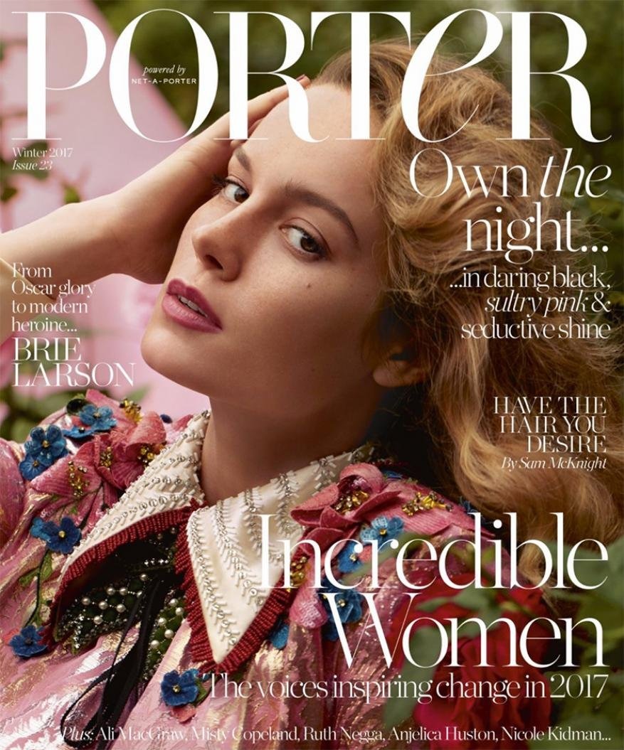 Magazine cover featuring Brie Larson wearing floral-embellished garment, with headlines for Porter Winter 2017 issue.
