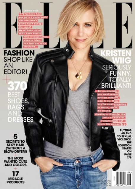 Elle magazine cover featuring Kristen Wiig in a black leather jacket, jeans, and a casual top. Fashion editorial photography.