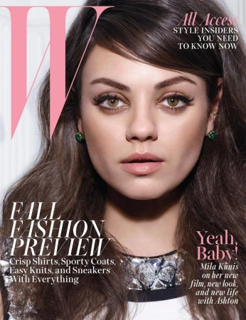Close-up portrait of Mila Kunis with dark brown hair and green earrings featured on magazine cover