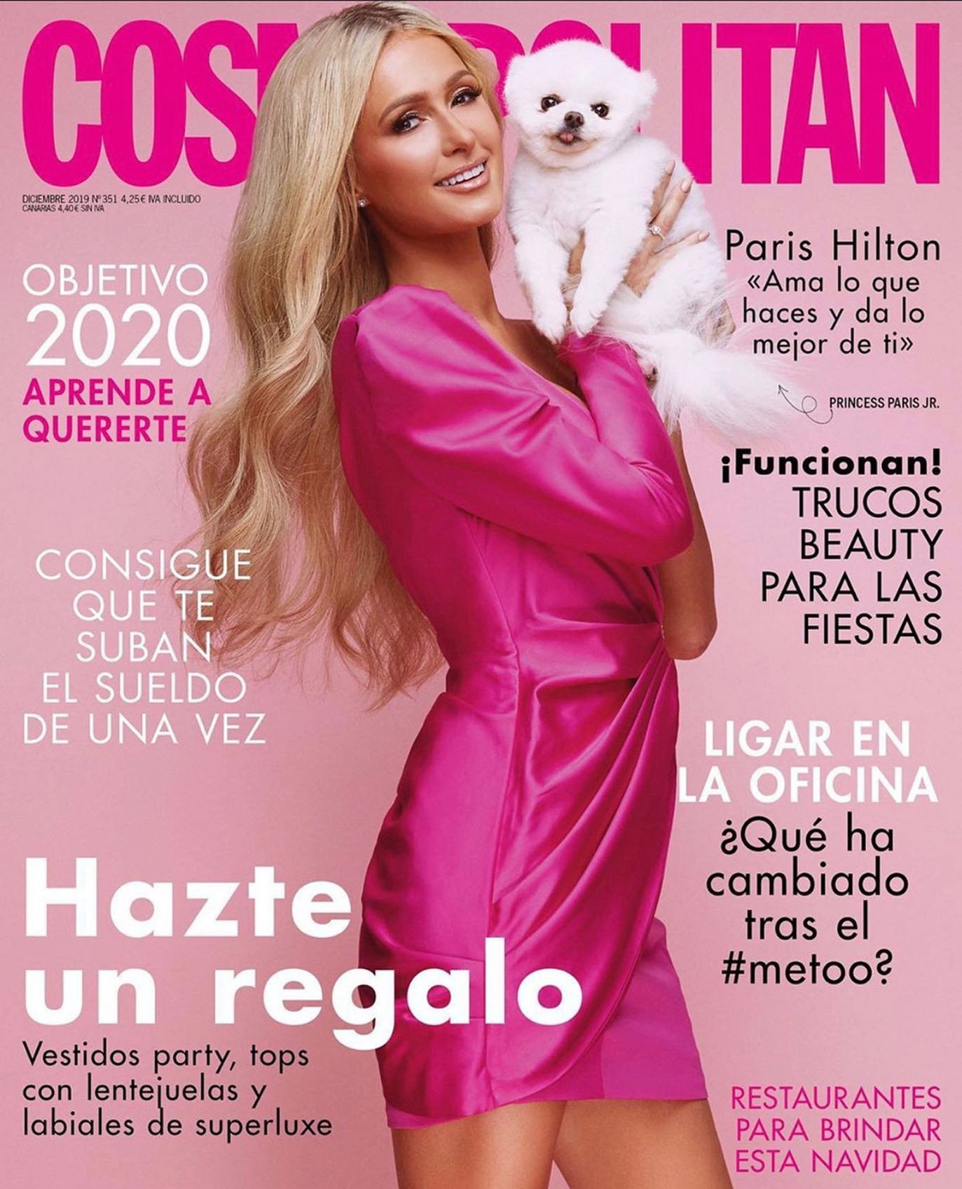 Magazine cover featuring Paris Hilton in a pink dress holding a white dog, showcasing beauty and fashion elements.