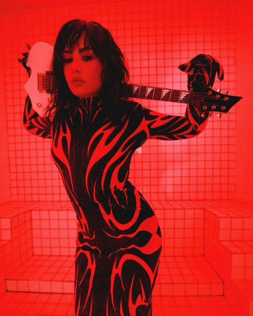 Woman in a patterned bodysuit posing with an electric guitar in a studio with red lighting, creating a striking visual and musical image.