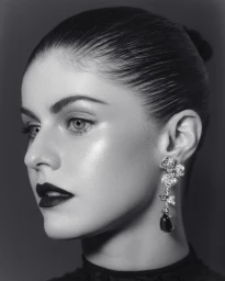 Close-up monochrome portrait of a woman wearing ornate drop earrings and dark lipstick with slicked-back hair by Elias Tahan.