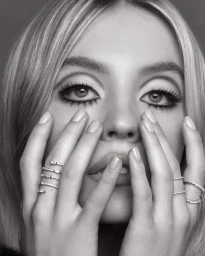 Close-up monochrome portrait of a woman with long blonde hair, wearing sparkling diamond rings on her fingers near her face.