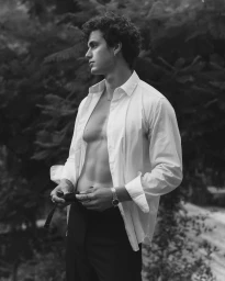 Portrait of a man with curly hair wearing an open white shirt and dark trousers against foliage