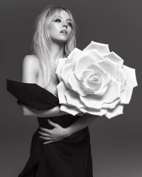 Blonde woman wearing a black strapless top holding a large white sculpted paper rose in a studio portrait by Elias Tahan.