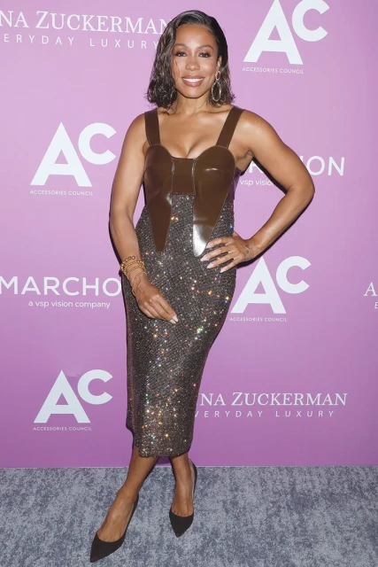 A woman in a brown and silver dress poses against a purple backdrop. She wears jewelry and brown heels. Event photography.