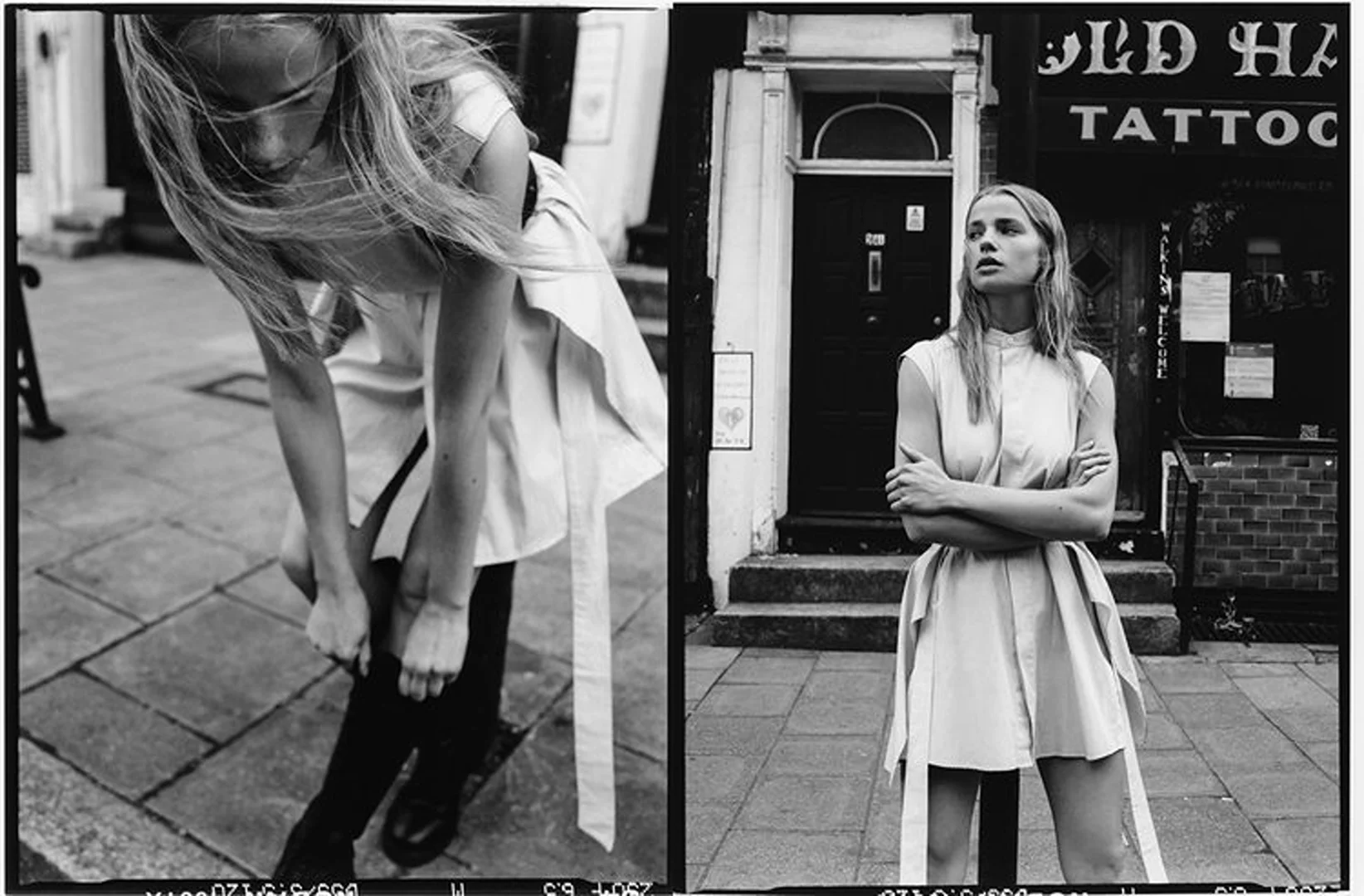 Two black and white photos showcase a young woman in a light dress on a city street, one adjusting her stocking and another posed.