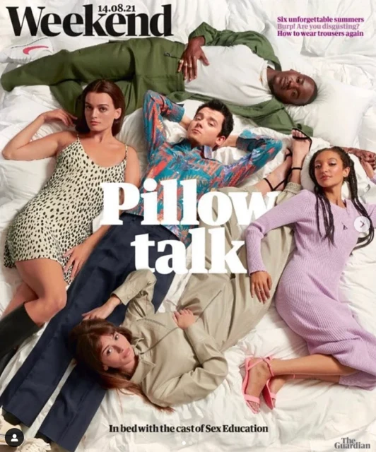Magazine cover featuring cast of 'Sex Education' on white bedding. Group of young adults wearing casual attire with text overlay.